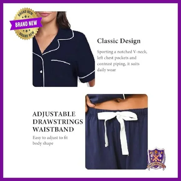 100% Cotton Pajama Set Short Sleeve Button Down Capri Sleepwear